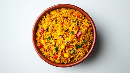 Traditional Spiced Yellow Rice with Vegetables Served in Clay Bowl on White Background
