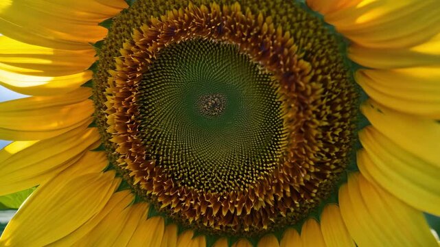 Extreme close up of the intricate spiral pattern in the center of a sunflower head. Shows organic fractal arrangement of florets or seeds. Represents nature botany mathematics and growth