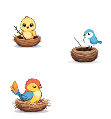 Vsai three cute cartoon birds building and resting in their nests