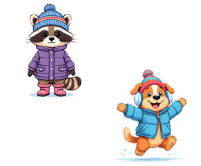 Vsai raccoon and dog wearing winter clothes and accessories