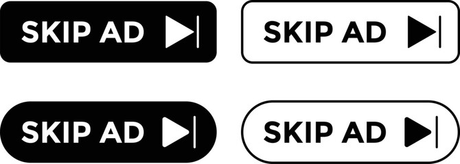 skip ad button icon. Rounded skip ad button. Play symbol. Forward icons. Advertisement buttons. Multimedia sign

