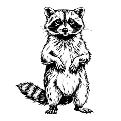 Standing raccoon with paws lifted in alert posture in vintage illustration