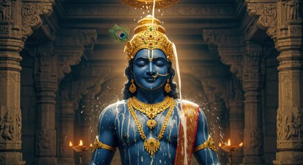 Obraz premium Majestic Blue Lord Shiva Idol Embellished with Gold Jewelry in Sacred Temple Scene
