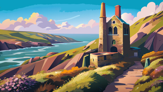 very Beautiful Wheal Coates Tin Mine North Cornwall UK - The abandoned Wheal Coates tin mine, set on the Cornish cliffs amongst heather, near St Agnes Head, North Cornwall, UK on a beautiful summer da