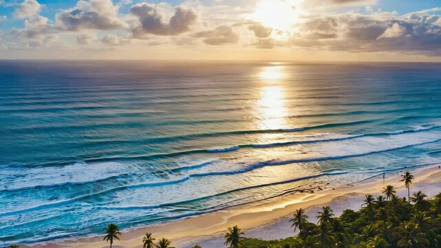 Aerial view of long ocean waves rolling towards a golden beach with cloudy skies above, showing rhythmic patterns in the water and calm tropical beauty during early morning