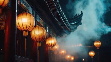 Mysterious Night at Chinese Temple with Illuminated Lanterns