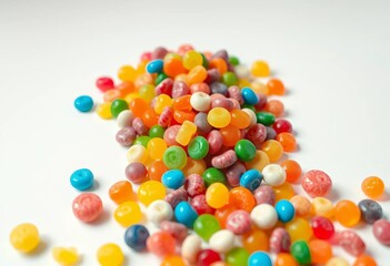 A vibrant mound of assorted chewy candies spills onto a pristine white surface, candies, treat