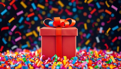 A vibrant gift box, ribbon tied, sits atop a celebratory confetti burst, ready for a prize winner, award, backdrop