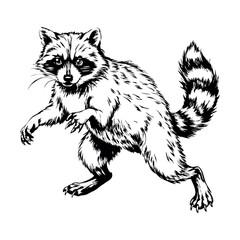 Raccoon walking forward with dynamic posture in engraved vintage style