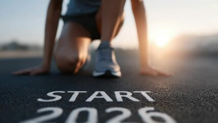 Kneeling figure poised for action, focused on future goals marked by vibrant 2026