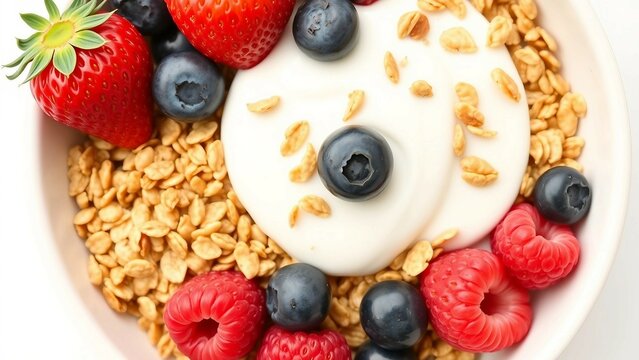 Frische Fr&uuml;hst&uuml;cksschale mit Joghurt, Erdbeeren, Heidelbeeren und Knusperm&uuml;sli auf wei&szlig;em Hintergrund. Gesund und lecker angerichtet &ndash; perfekt f&uuml;r Food-Themen.