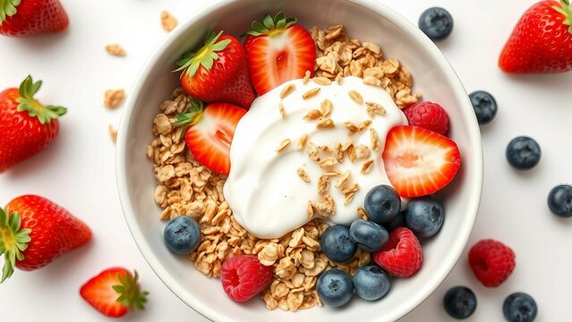 Frische Fr&uuml;hst&uuml;cksschale mit Joghurt, Erdbeeren, Heidelbeeren und Knusperm&uuml;sli auf wei&szlig;em Hintergrund. Gesund und lecker angerichtet &ndash; perfekt f&uuml;r Food-Themen.