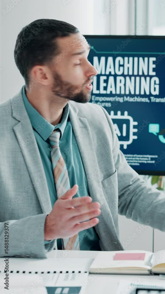 Poster businessman, screen and speaking of ai presentation for future innovation, meeting and machine learn