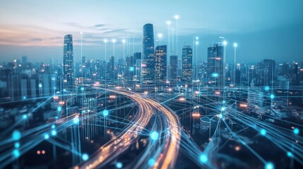 Fototapeta premium Smart city network and digital data connection technology concept backdrop