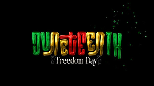 Juneteenth Freedom Day lettering text animation with sparkling effects and transparent background