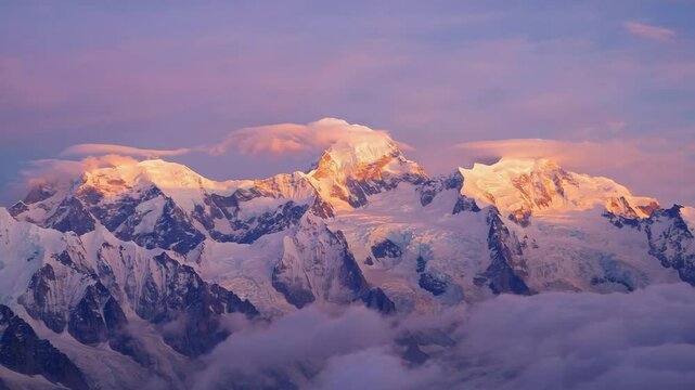 Aerial drone flying over snowy mountain range under violet twilight sky as fading light reflects off snow-covered peaks, creating a peaceful high-altitude winter scene
