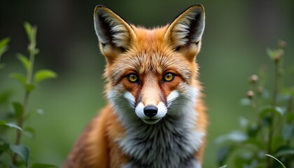 Fototapeta premium A close-up of a fox's face surrounded by greenery