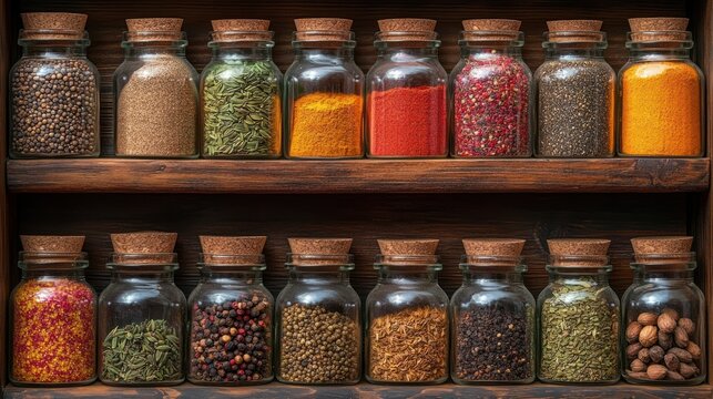 Vintage spice jars on wooden shelves