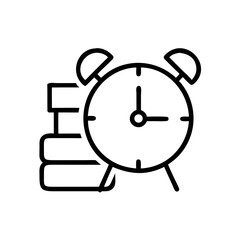 Alarm clock and heavy books icon in black and white style, symbolizing academic stress