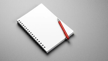 A blank notebook and red pen rest on a gray desk, close-up, mockup