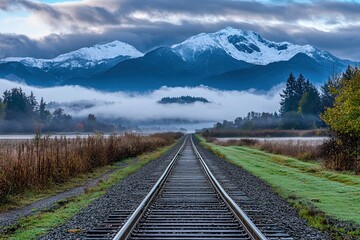 Fototapeta premium Lonely Train Tracks Through Foggy Field Leading