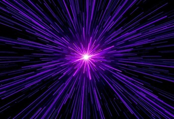 Fototapeta premium Abstract cosmic explosion; vibrant purple streaks radiate from a bright star against a black backdrop, mystical, dark