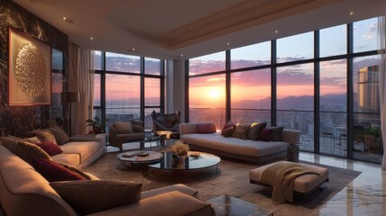 Luxury high-rise apartment sunset city view living room.