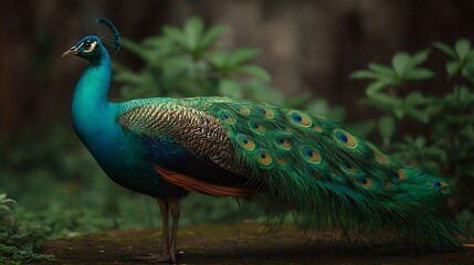 Striking peacock standing gracefully in garden