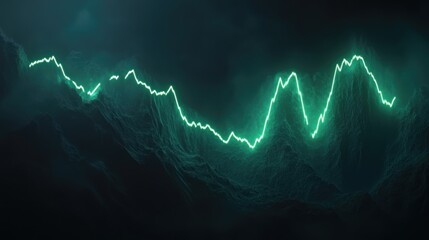 Abstract Stock Market Visualization: Neon Green Line Graph Over Dark Mountains
