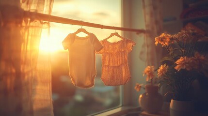organic cotton baby clothes drying on bamboo rack, warm sunset light, handmade natural fabric with plant-based dyes, side close-up shot, soft parenting lifestyle mood