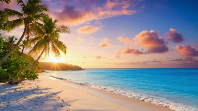 Golden sunset over a white sandy beach with palm trees and turquoise ocean, creating a warm and dreamy scene full of light, peace, and tropical island beauty