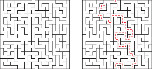 A complex maze illustration featuring two different perspectives on navigational pathways