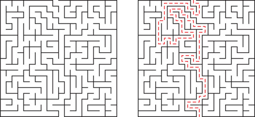 Complex maze with solution shown illustrating strategy and problem solving capabilities concept