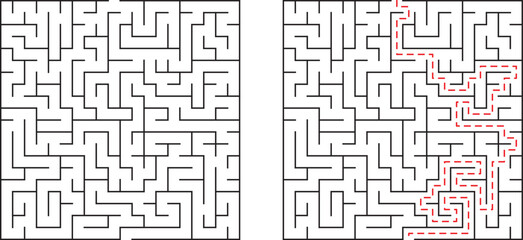 Complex labyrinth maze with solution shown in dotted red lines on white background