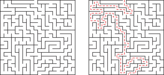 Complex black and white maze puzzle with solved path illustrated in red lines