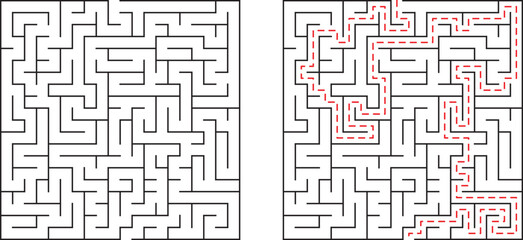Complex black and white maze with red path showing solution to the puzzle