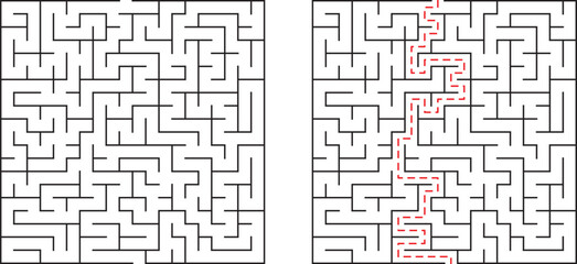 Complex black and white maze with a highlighted solution path for puzzle solving and concept