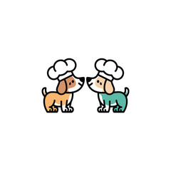 two adorable dogs facing each other, wearing chef hat