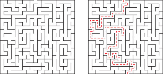 Two square mazes one unsolved and one solved with the path marked in red illustration