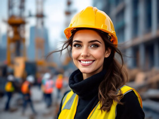 Female engineer in hard hat and vest smiling on construction site. Confident and approachable.