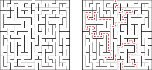A complex black and white maze puzzle with a red path showing the solution route