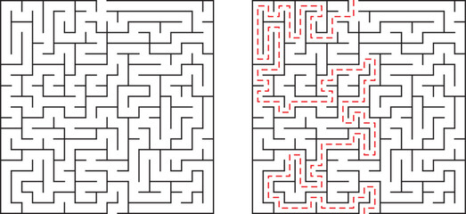A simple black and white maze puzzle with a red path showing the solution