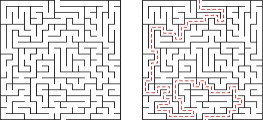 A challenging maze with a solution path marked in red color for guidance