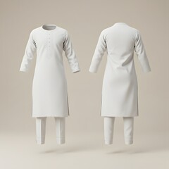 Elegant Men's White Kurta Pajama Set Front and Back View - Fashion Design Template
