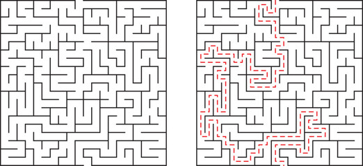 Two square mazes one unsolved and one solved with a red route visible