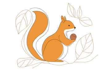 Obraz premium Stylized Orange Squirrel Holding Acorn Surrounded by Leaves in a Playful Woodland Scene