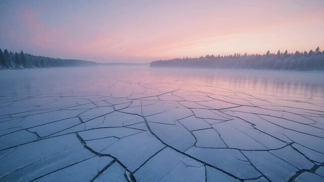 Frozen cracked lake surface glowing under pink and blue twilight sky, captured from aerial view with icy textures and calm reflective light in a quiet winter landscape