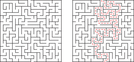 Complex maze illustration showing challenge problem solving and successful pathfinding