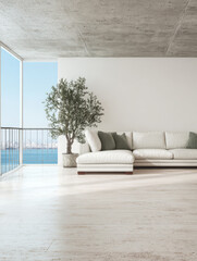 Modern living room with coastal view featuring a white sofa and potted plant