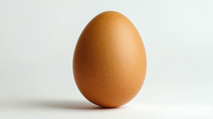 Single brown egg standing upright on white background with soft shadow, minimal food concept
